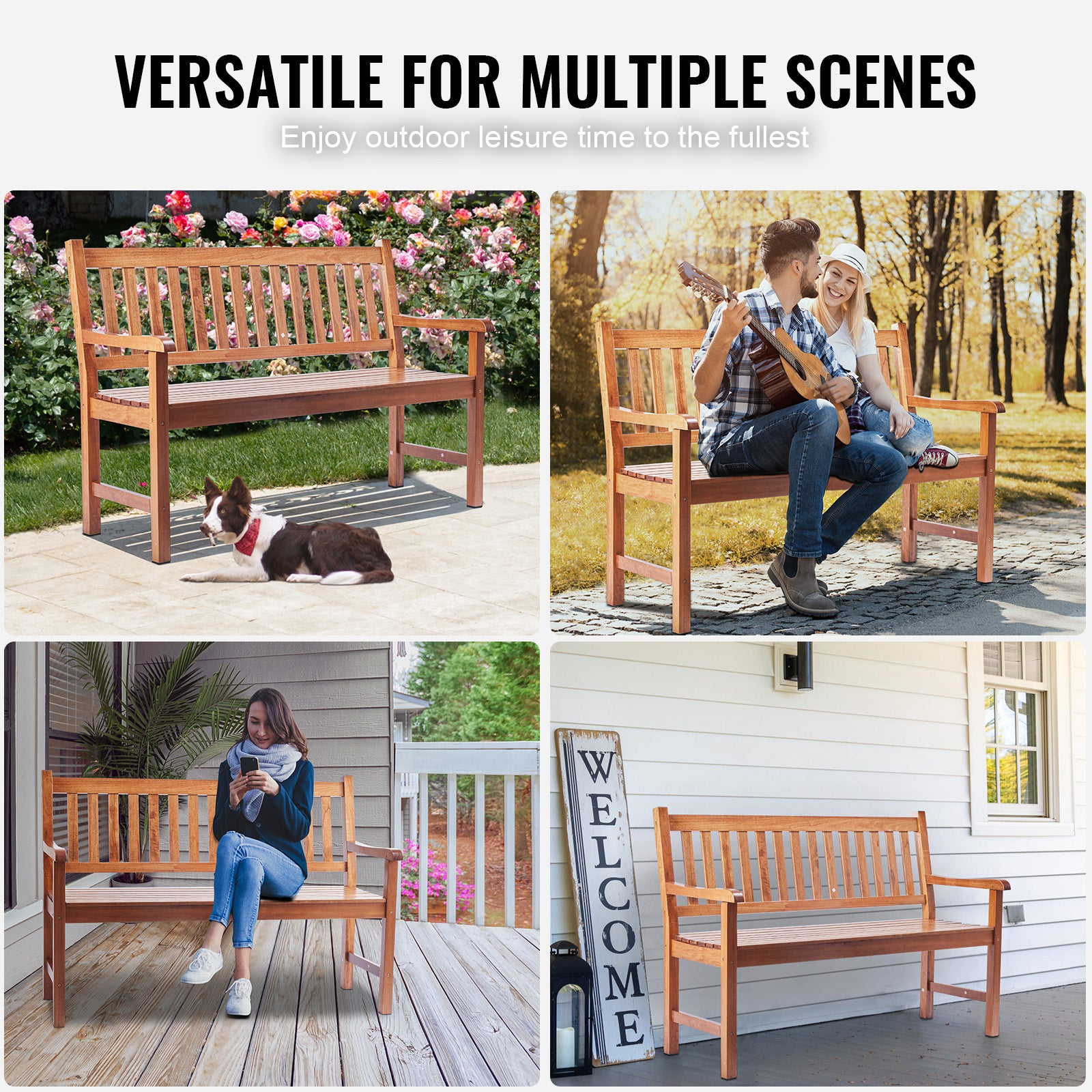 Solid Wood Garden Bench for Outdoor Patio or Porch Seating