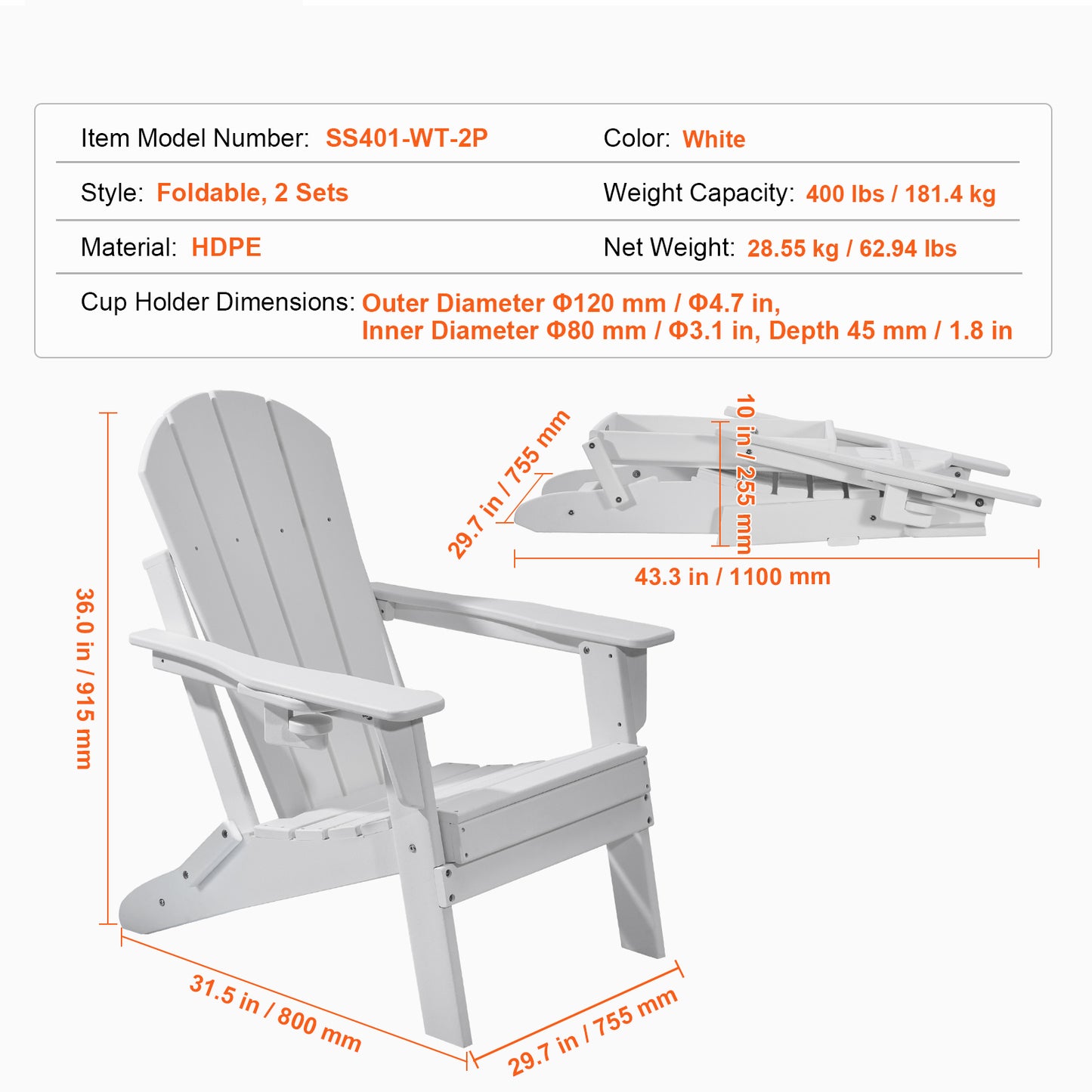 Folding Adirondack Chairs Set of 2 - White HDPE Weather Resistant for Outdoor