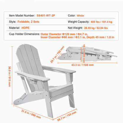 Folding Adirondack Chairs Set of 2 - White HDPE Weather Resistant for Outdoor