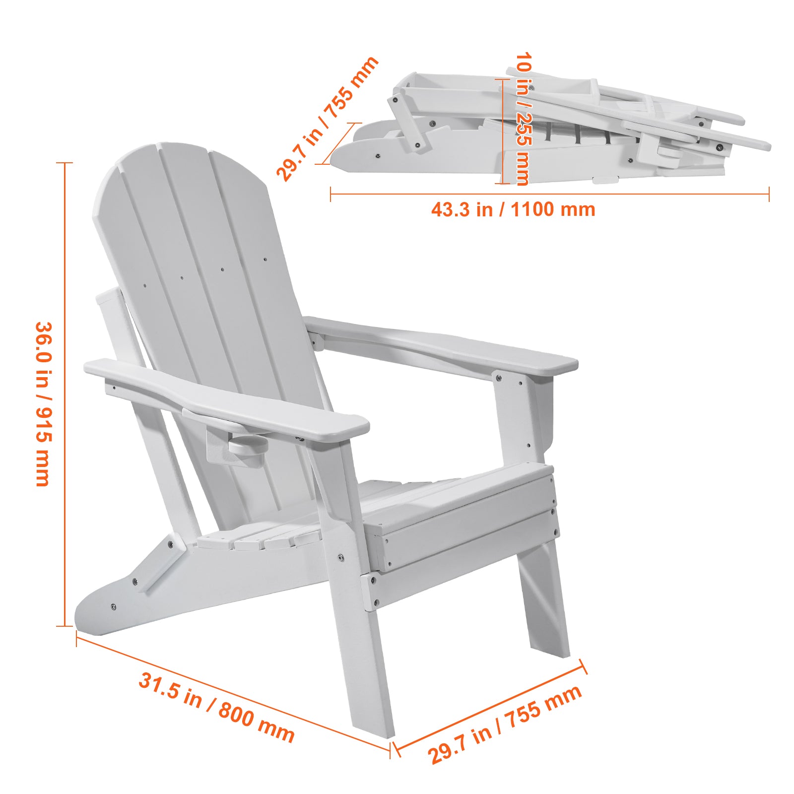 Folding Adirondack Chairs Set of 2 - White HDPE Weather Resistant for Outdoor