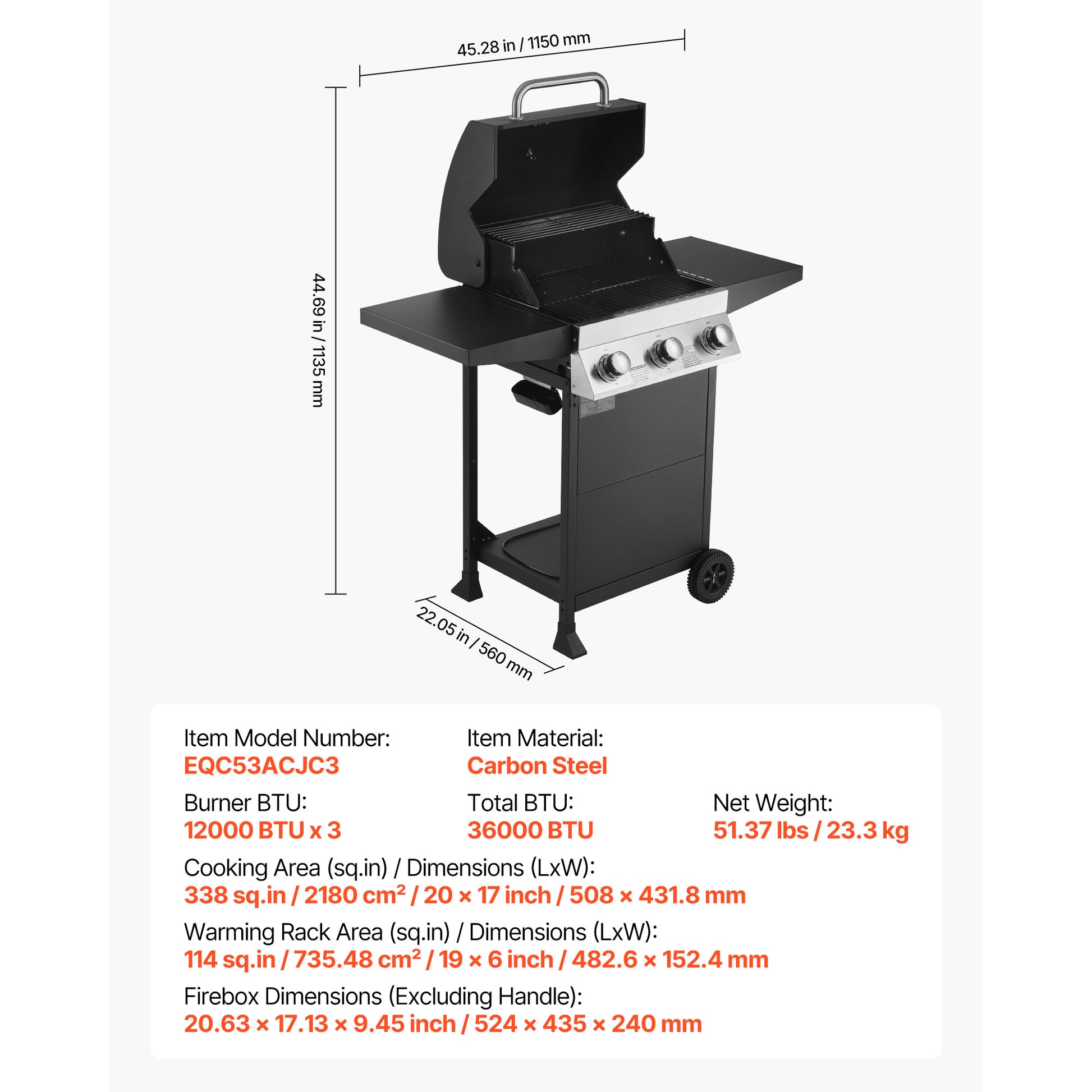 3 Burner Propane Gas Grill - 338 Sq. In. Black Carbon Steel