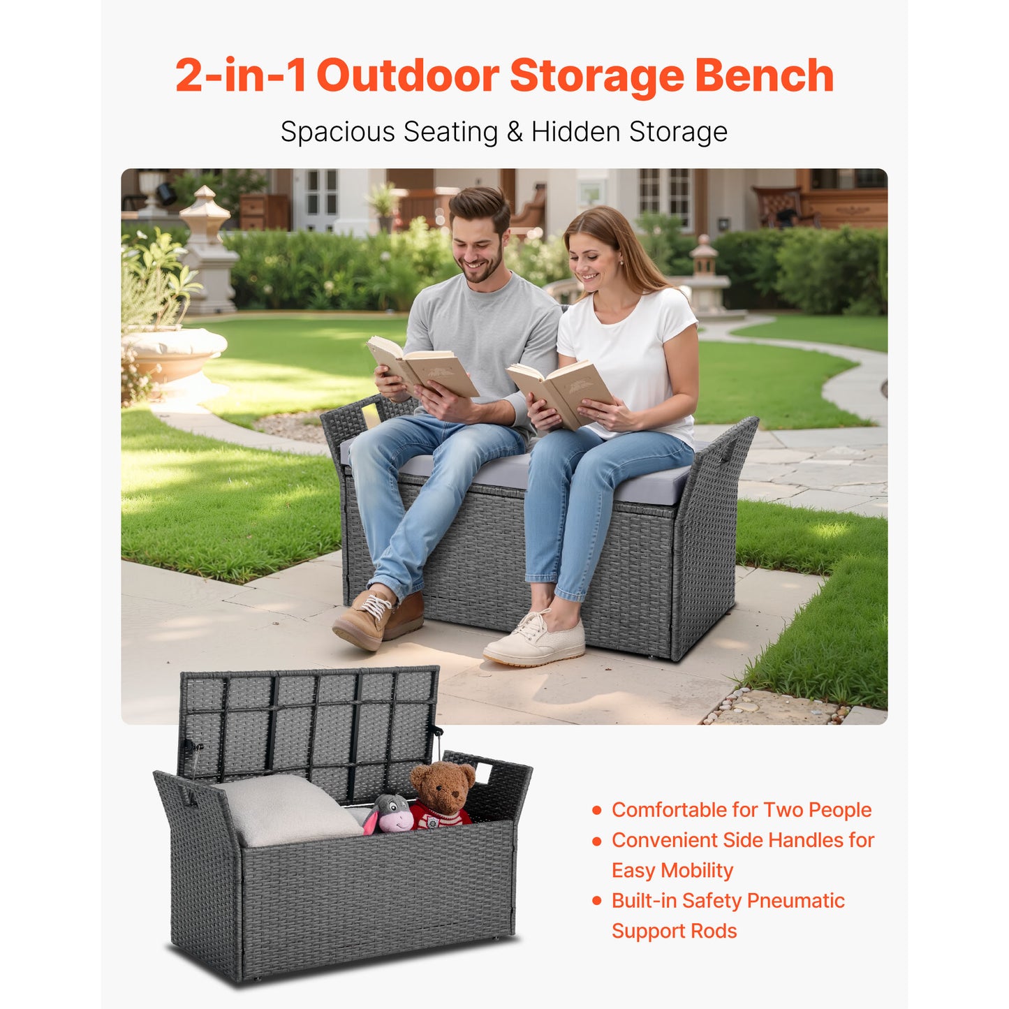 Gray Metal Outdoor Storage Bench Seat with Cushion