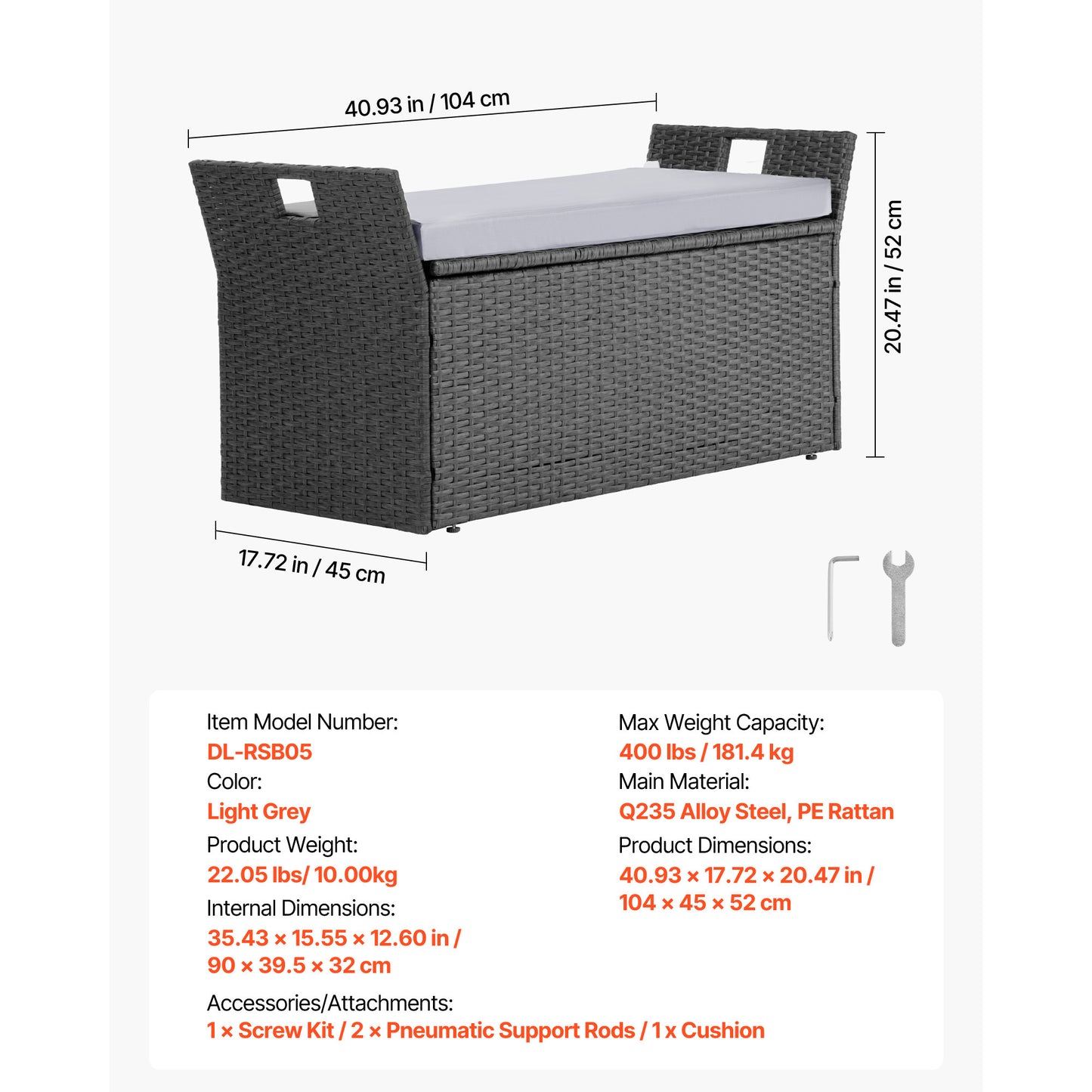 Gray Metal Outdoor Storage Bench Seat with Cushion