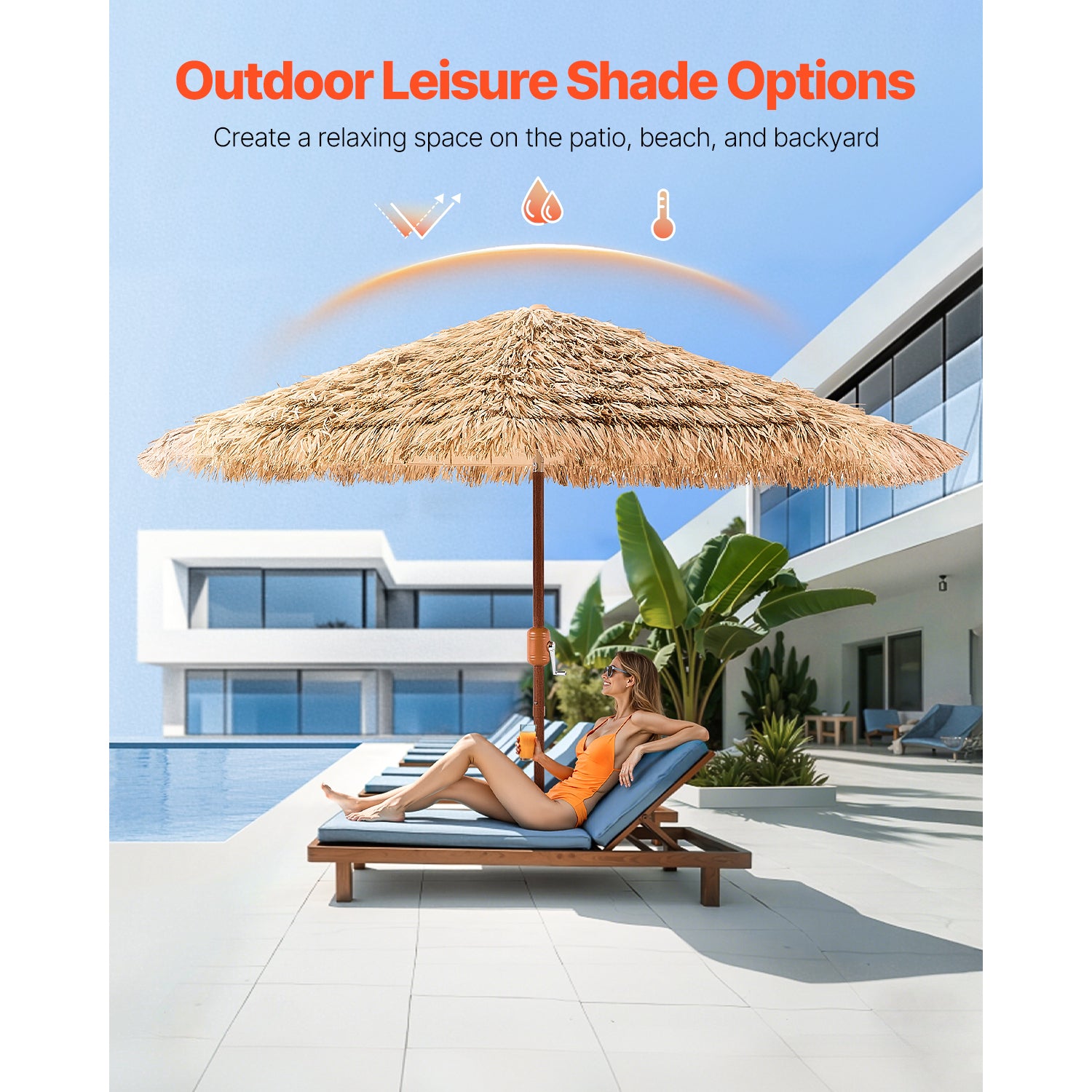 9 Ft Natural Polypropylene Tiki Umbrella for Poolside Patio
