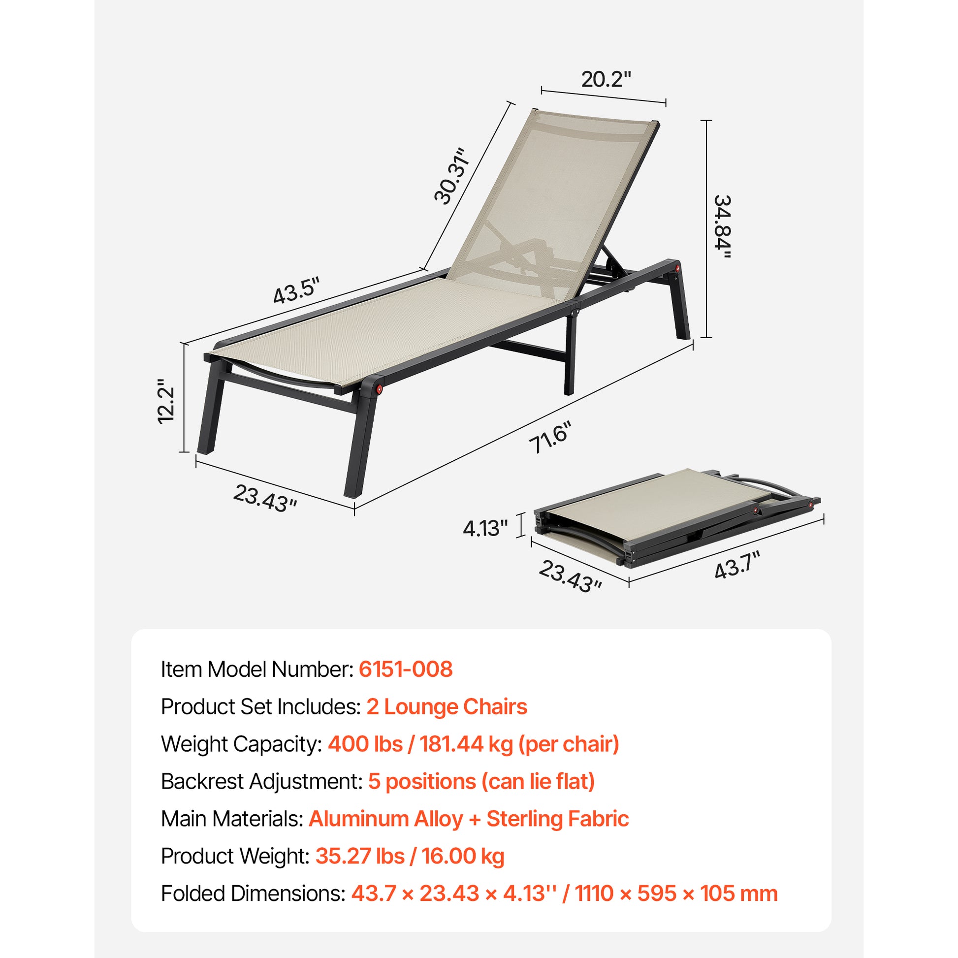Khaki Aluminium Alloy Foldable Chaise Lounge for Poolside Relaxation