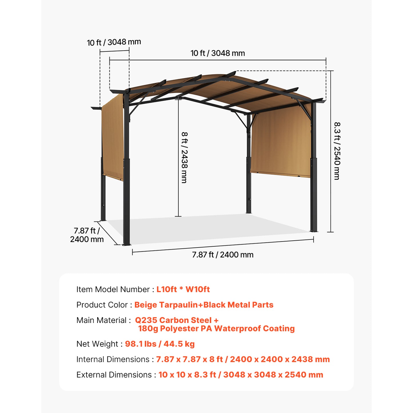 10x10 ft Black Metal Outdoor Pergola for Patio and Garden Shade