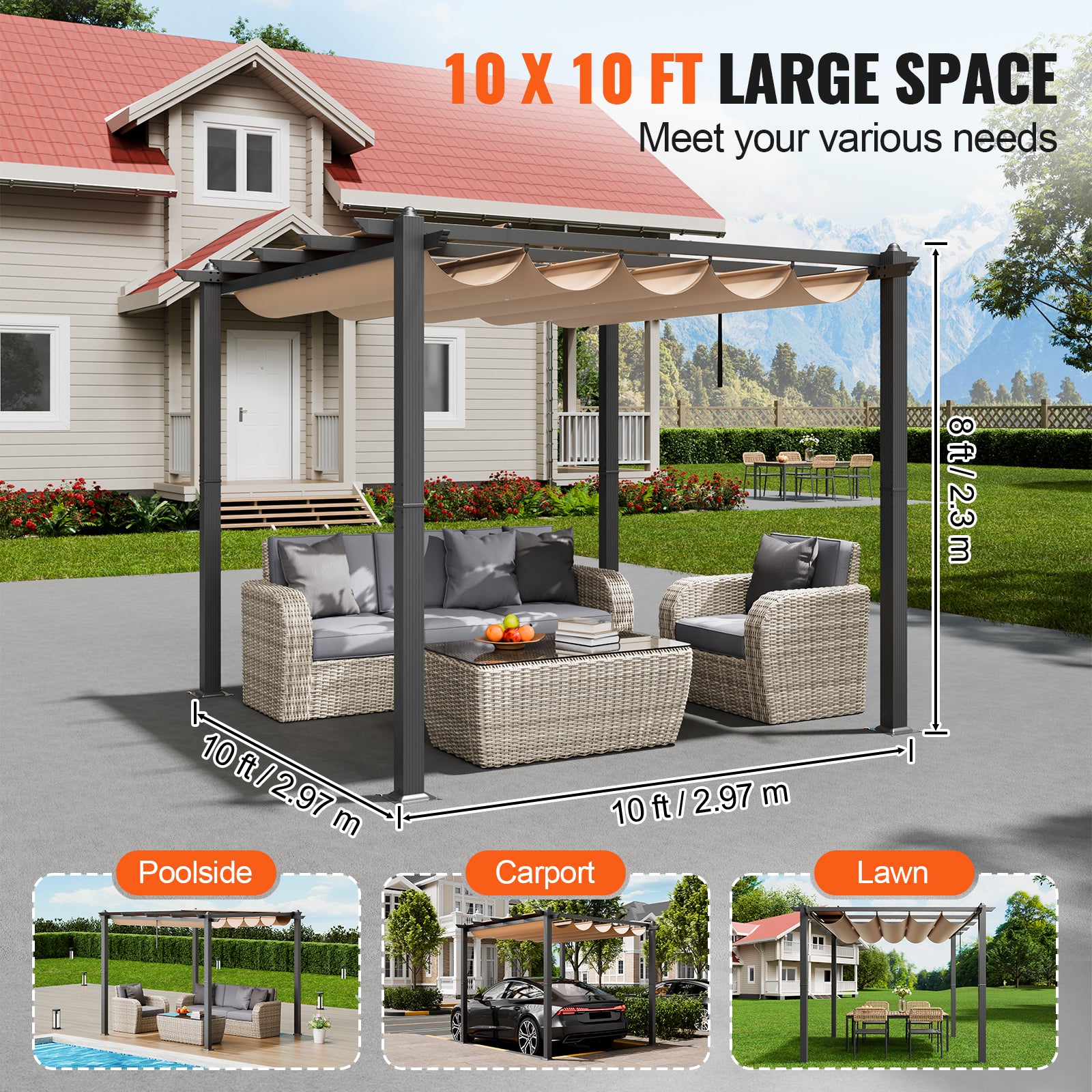 10'x10' Retractable Pergola - Black+Grey Aluminum Alloy