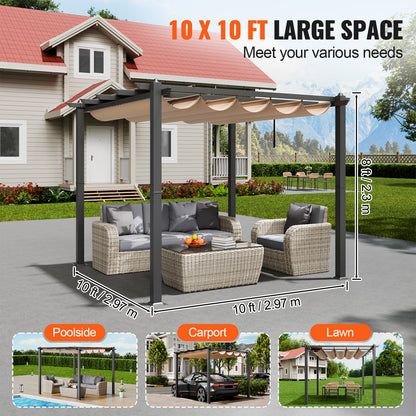 10'x10' Retractable Pergola - Black+Grey Aluminum Alloy