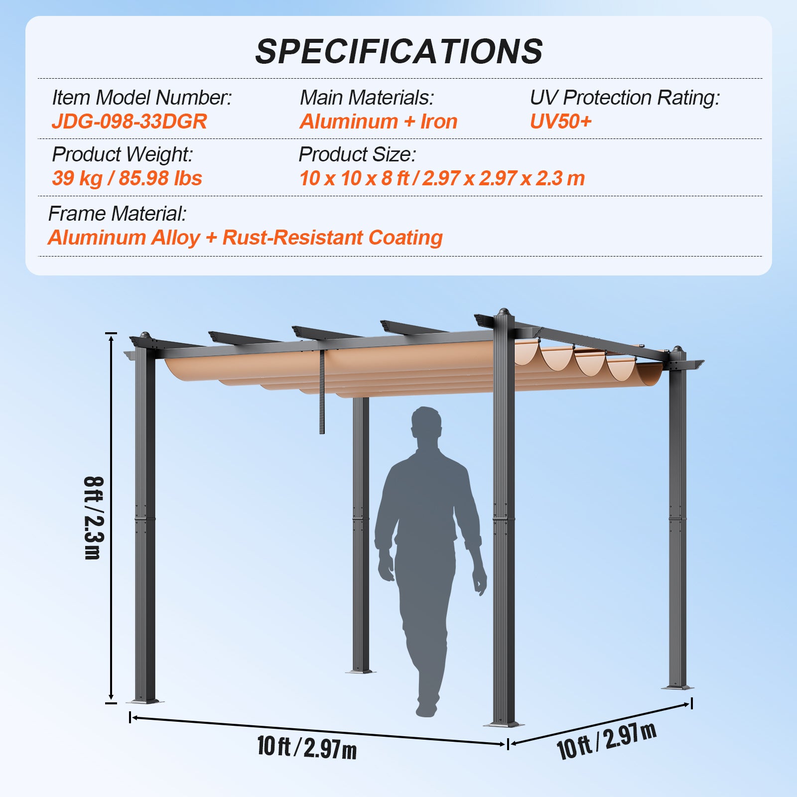 10'x10' Retractable Pergola - Black+Grey Aluminum Alloy
