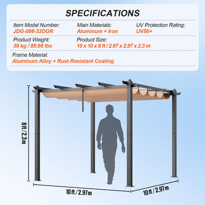 10'x10' Retractable Pergola - Black+Grey Aluminum Alloy