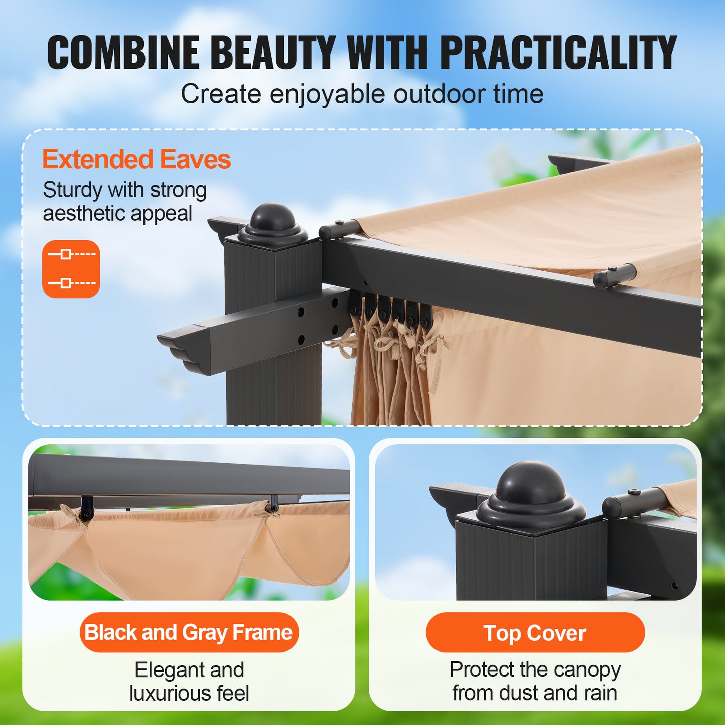 10'x10' Retractable Pergola - Black+Grey Aluminum Alloy