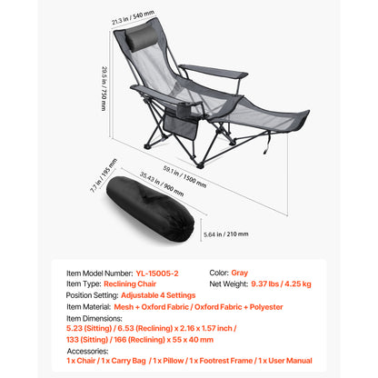 Gray Reclining Camping Chair - 4 Positions, Folding Lounger for Adults