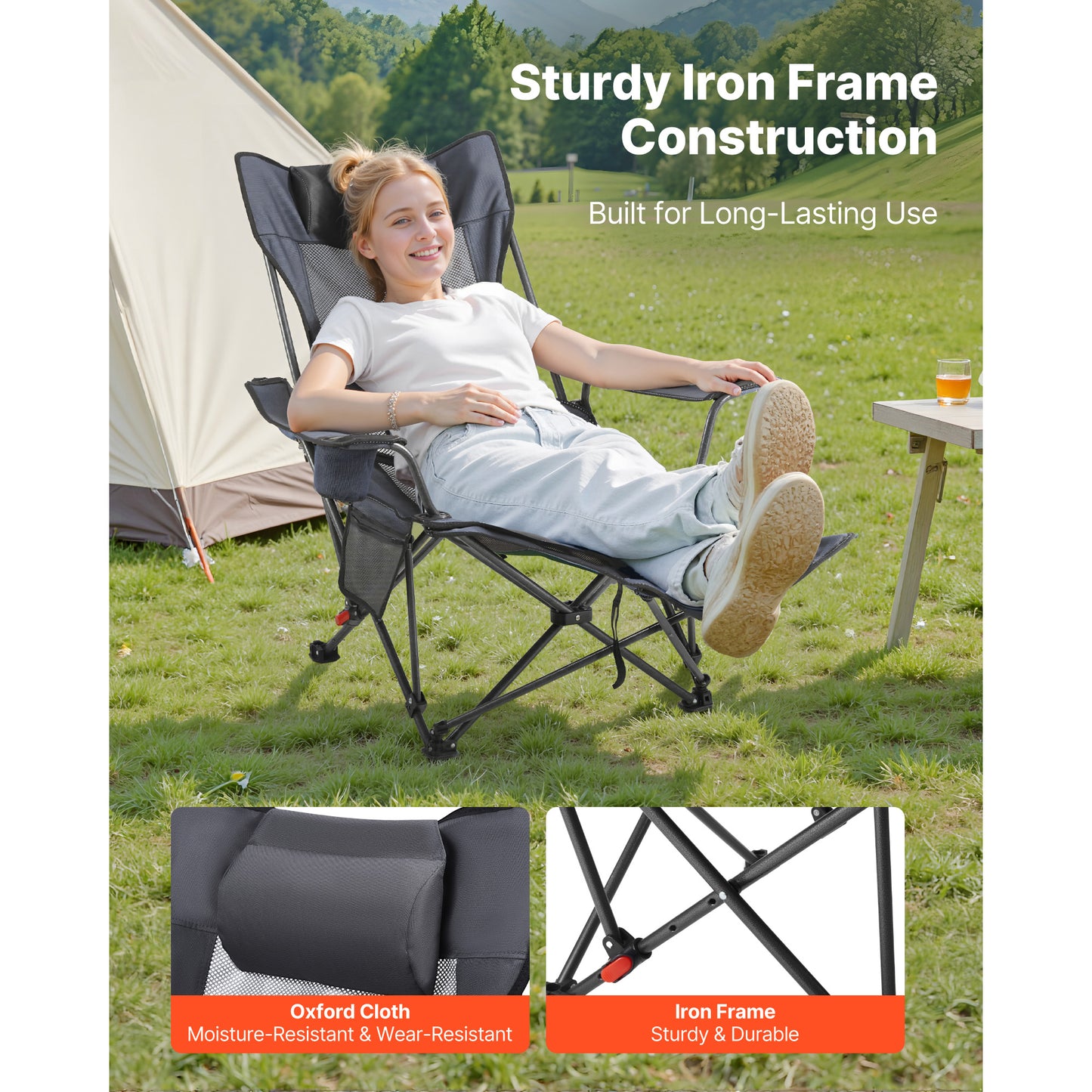 Gray Reclining Camping Chair - 4 Positions, Folding Lounger for Adults