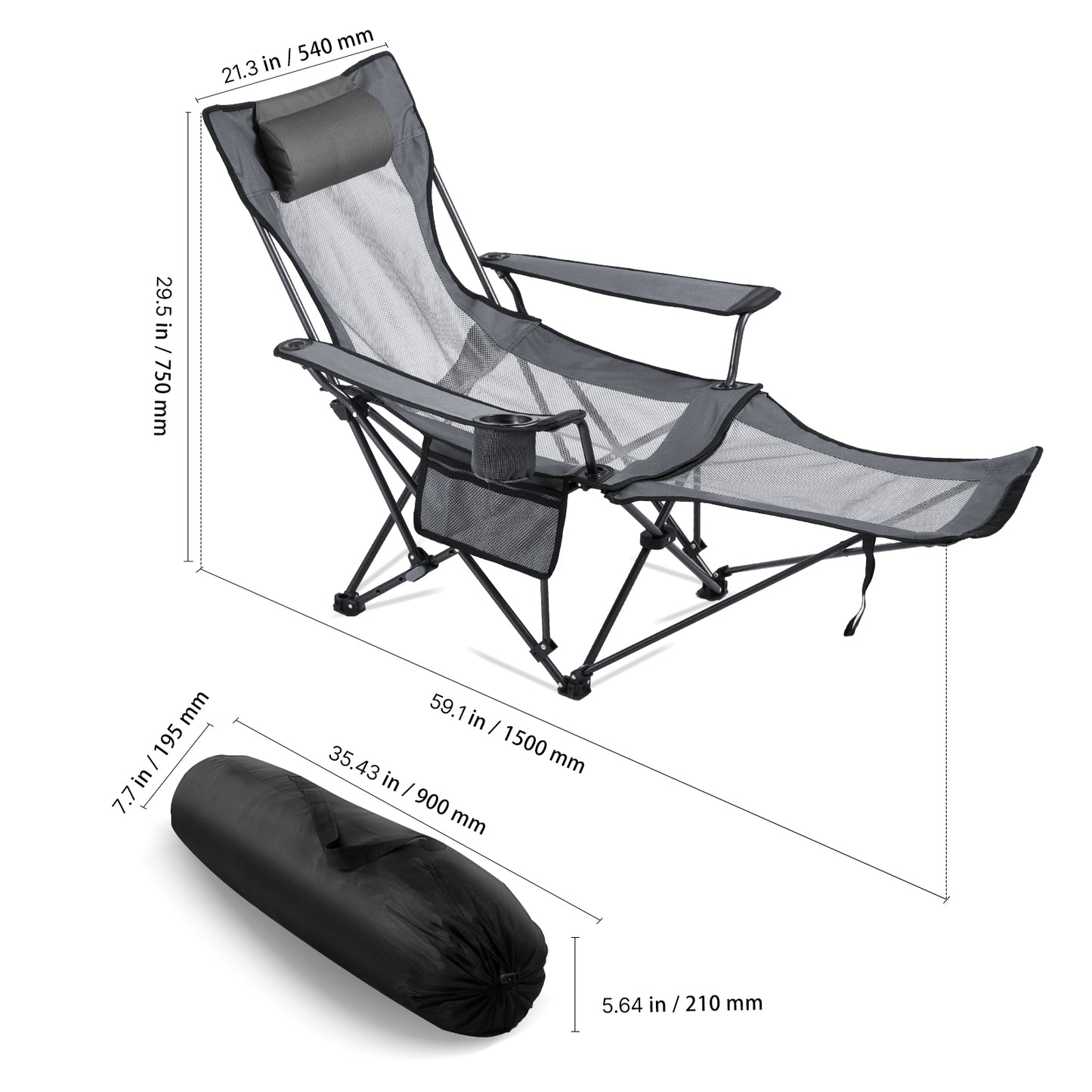 Gray Reclining Camping Chair - 4 Positions, Folding Lounger for Adults