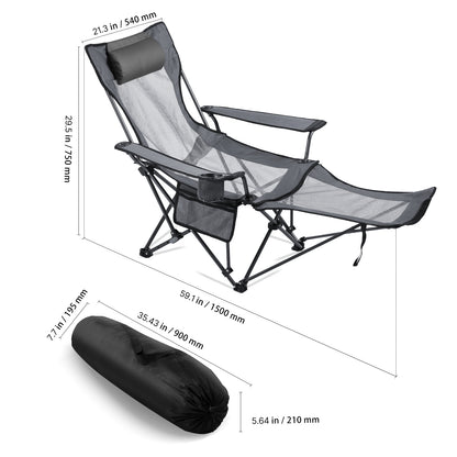 Gray Reclining Camping Chair - 4 Positions, Folding Lounger for Adults