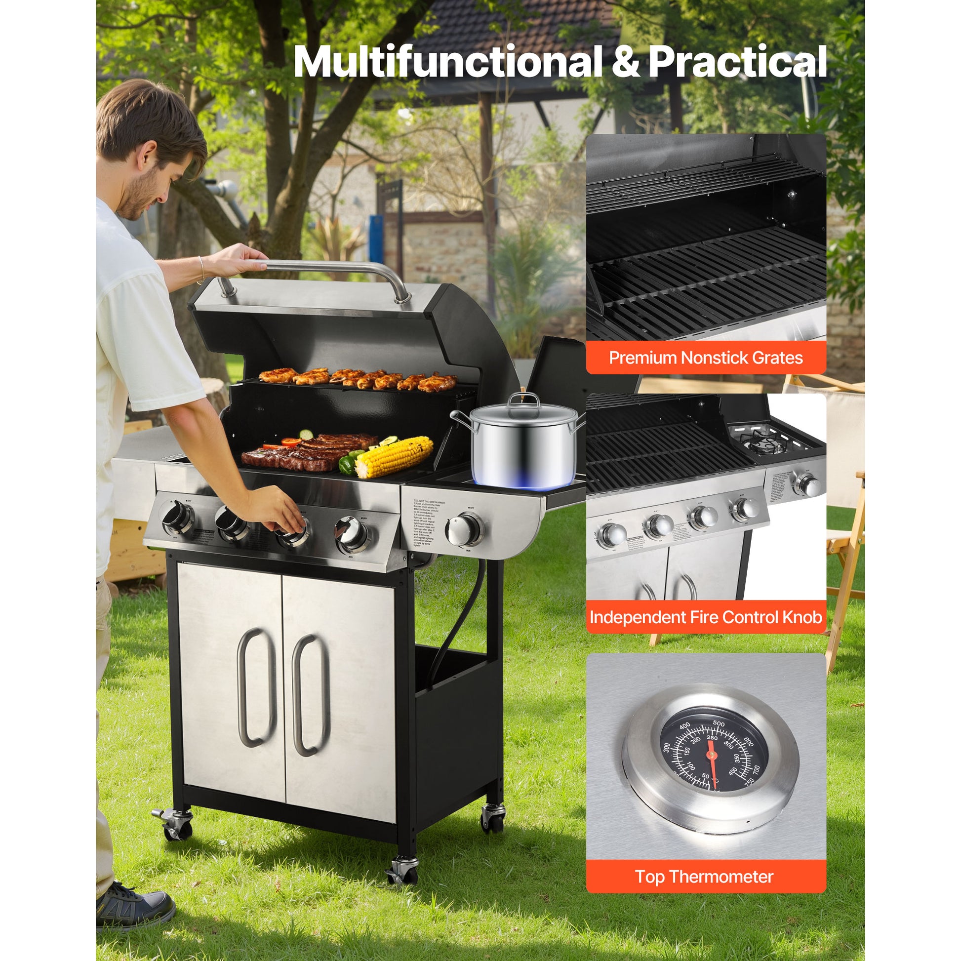 4 Burner Propane Gas Grill - 52,000 BTU Stainless Steel