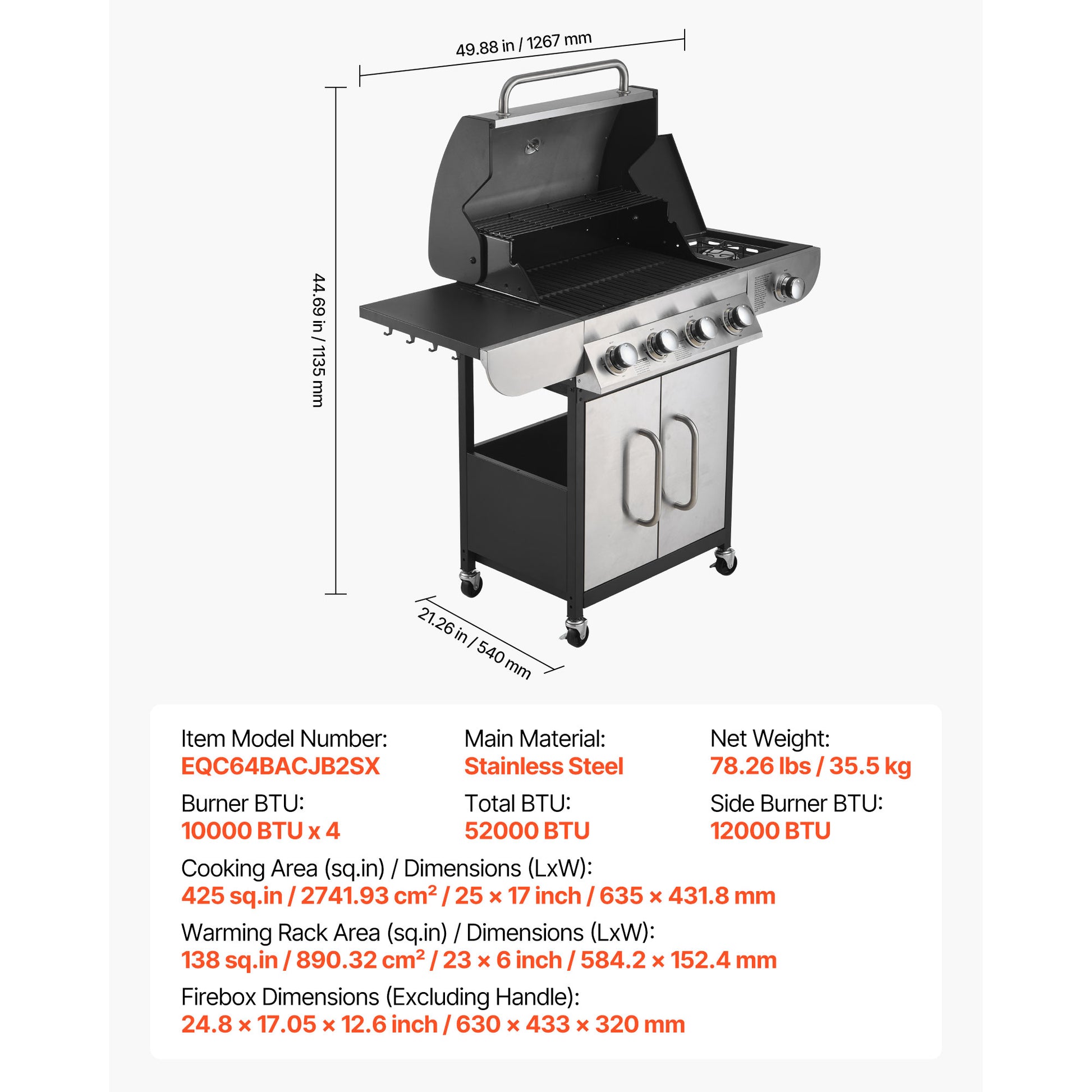 4 Burner Propane Gas Grill - 52,000 BTU Stainless Steel