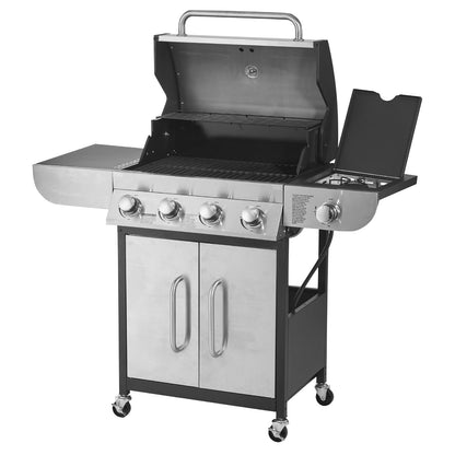 Gas Grill, 4 Burner Propane Gas Grill with Side Burner, 425 SQ.In Grilling Area, Carbon Steel Enamel Grates, Outdoor 52,000 BTU Patio Garden BBQ Grills with Two Side Shelves, Stainless Steel