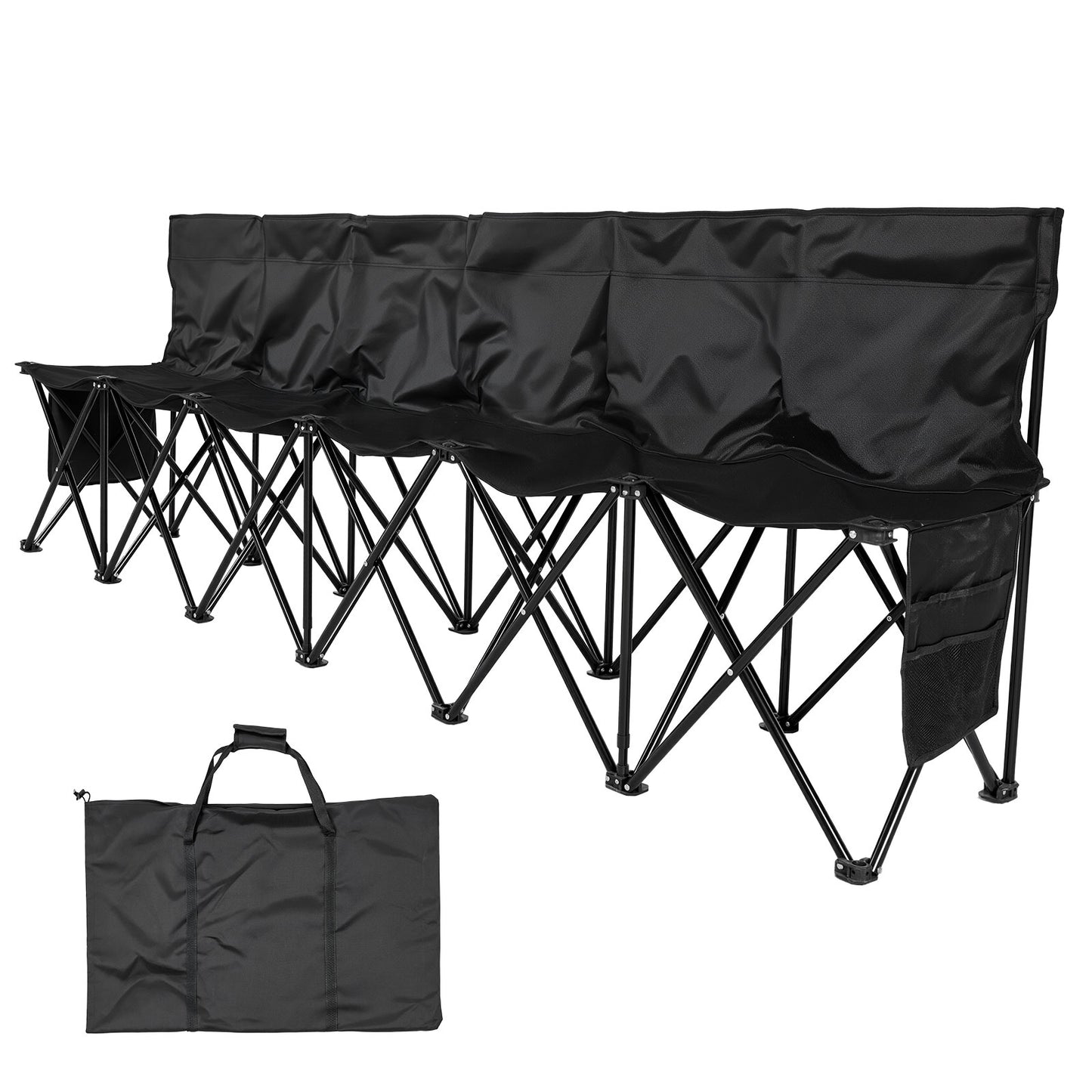 Portable Folding Bench, 6 Seat Soccer Bench with Multiple Storage Pockets & Carrying Bag, Lightweight Sideline Seating with Back Rest for Football, Baseball, Camping, Outdoor Events, Black