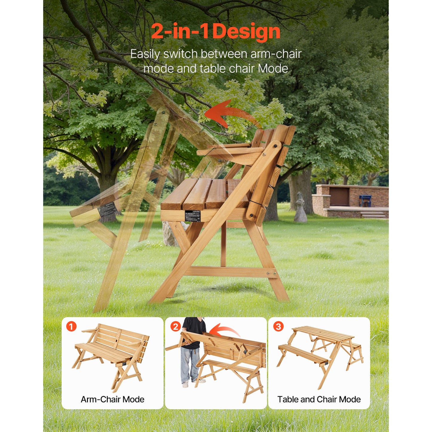 2-in-1 Wooden Picnic Table Bench Set Outdoor