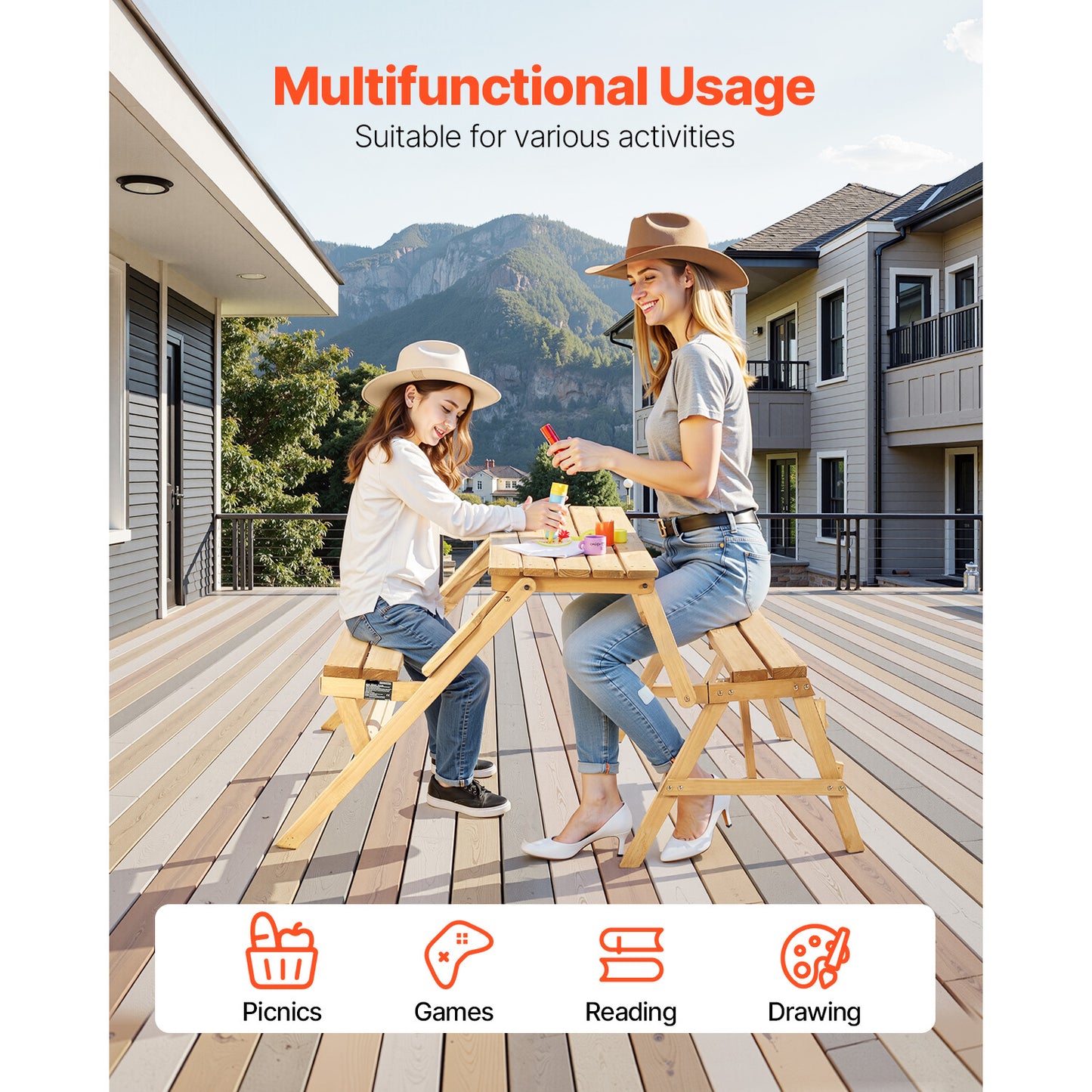 2-in-1 Wooden Picnic Table Bench Set Outdoor