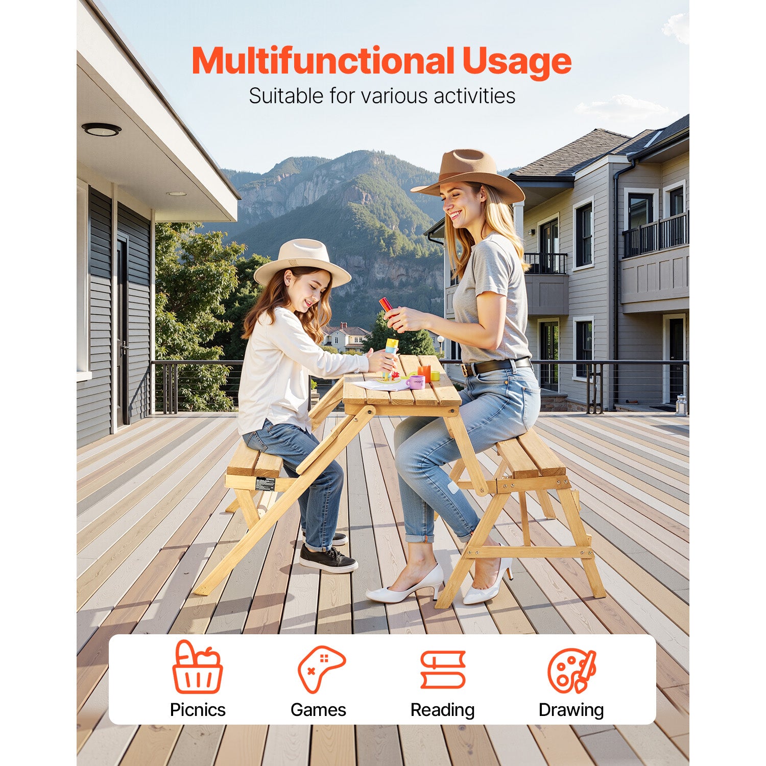 2-in-1 Wooden Picnic Table Bench Set Outdoor