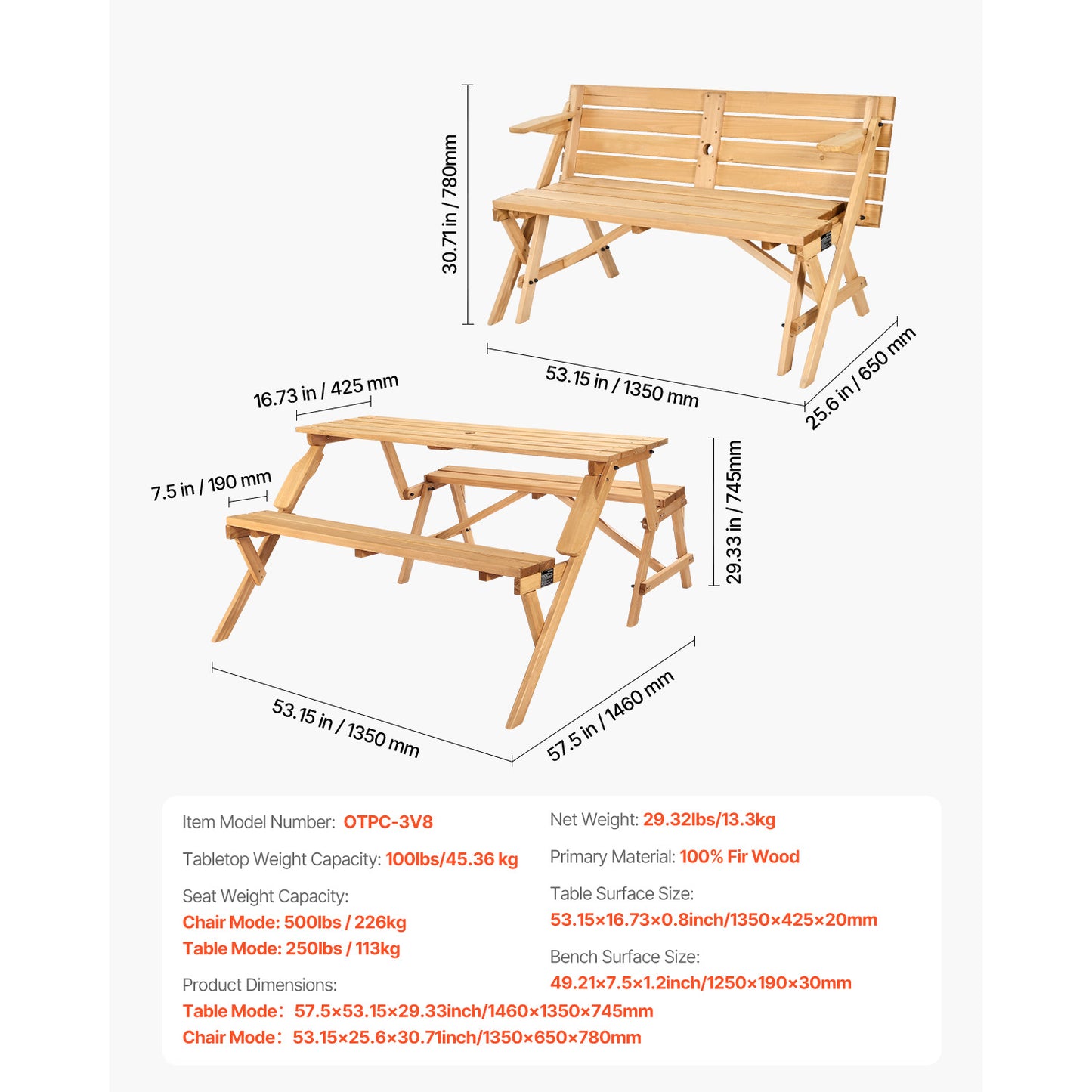 2-in-1 Wooden Picnic Table Bench Set Outdoor