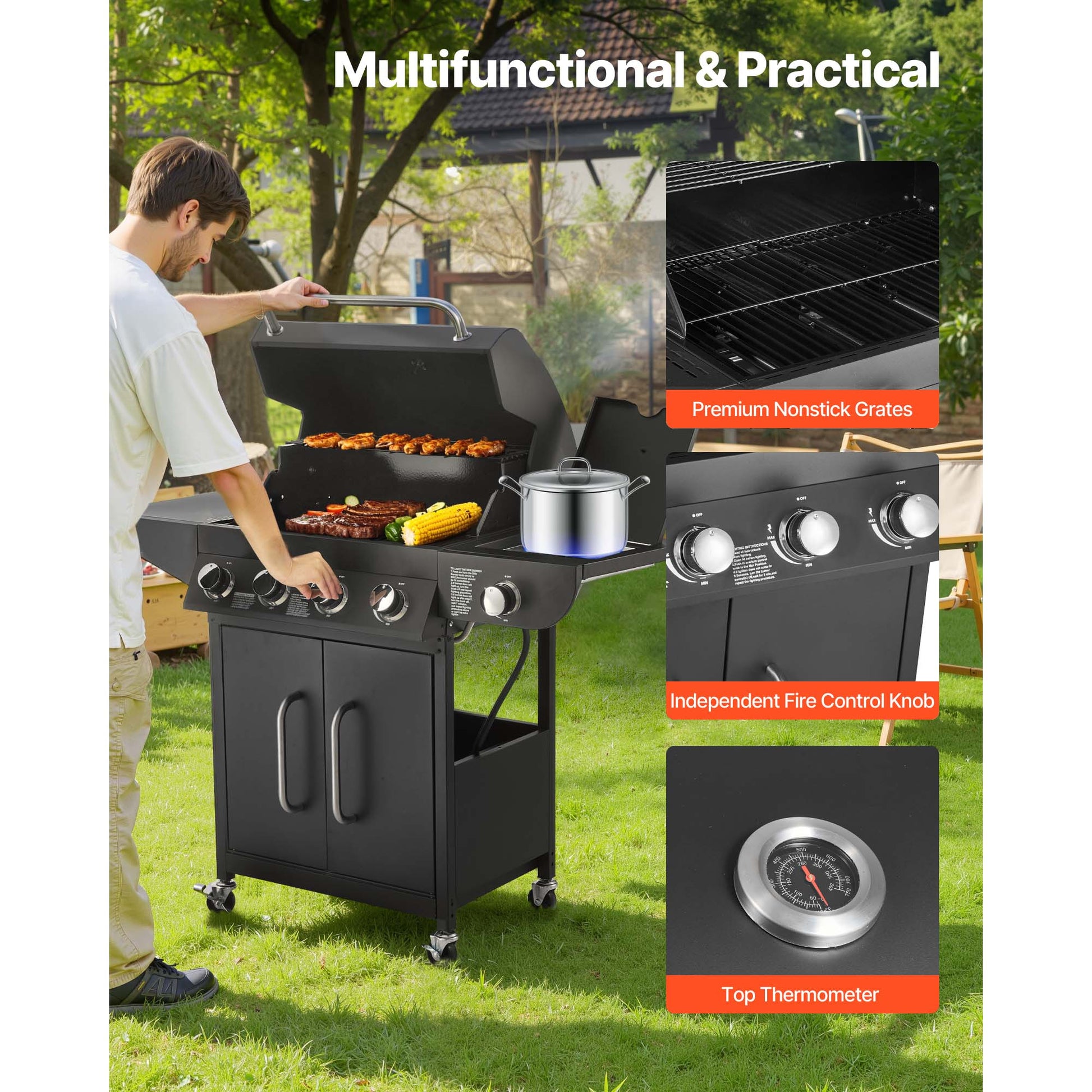 4 Burner Gas Grill - 52,000 BTU Carbon Steel Outdoor BBQ Grills