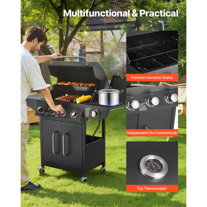 4 Burner Gas Grill - 52,000 BTU Carbon Steel Outdoor BBQ Grills