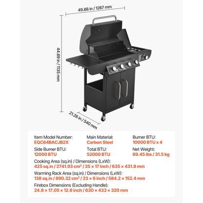 4 Burner Gas Grill - 52,000 BTU Carbon Steel Outdoor BBQ Grills