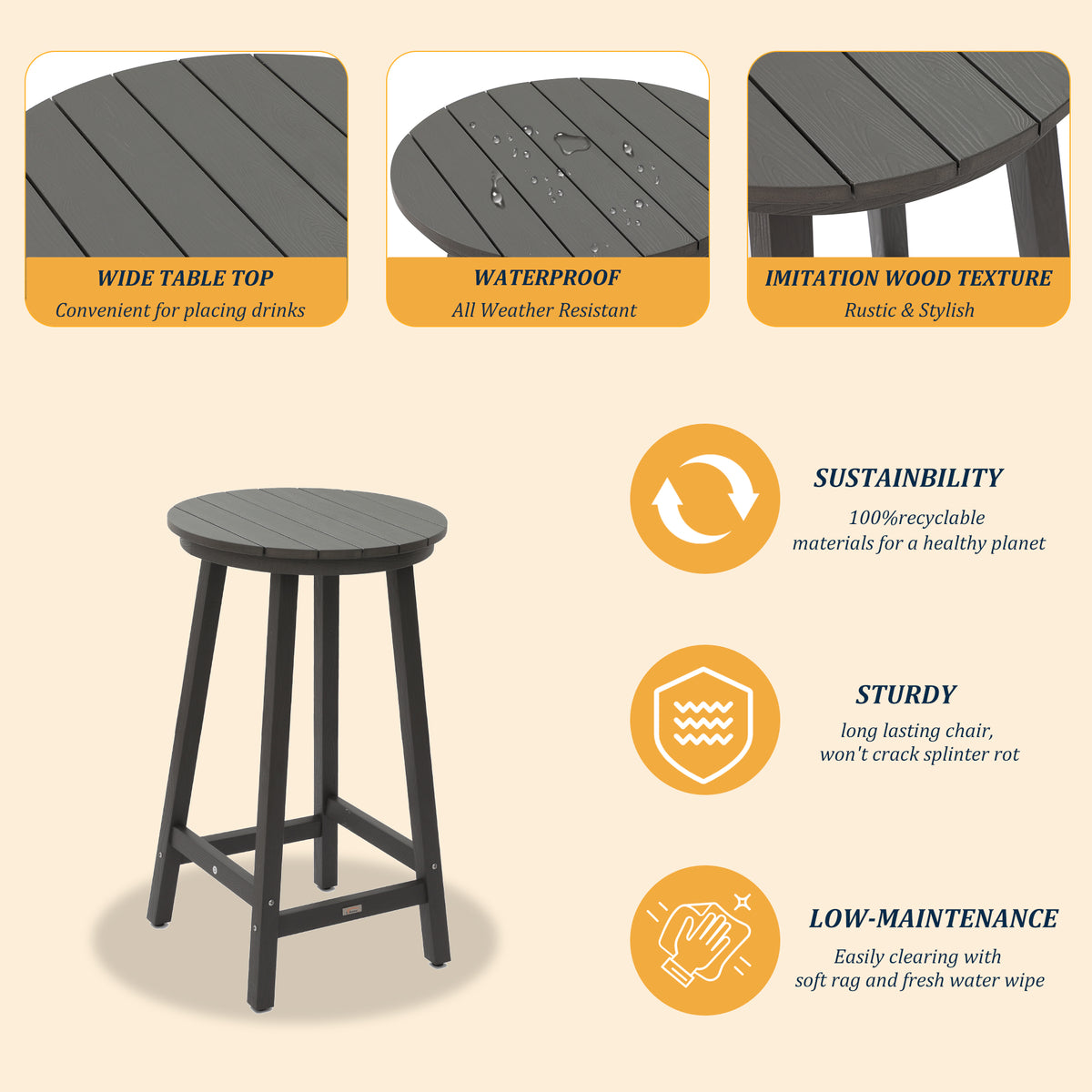 Durable Gray Polypropylene Outdoor Bar Table for Poolside and Garden