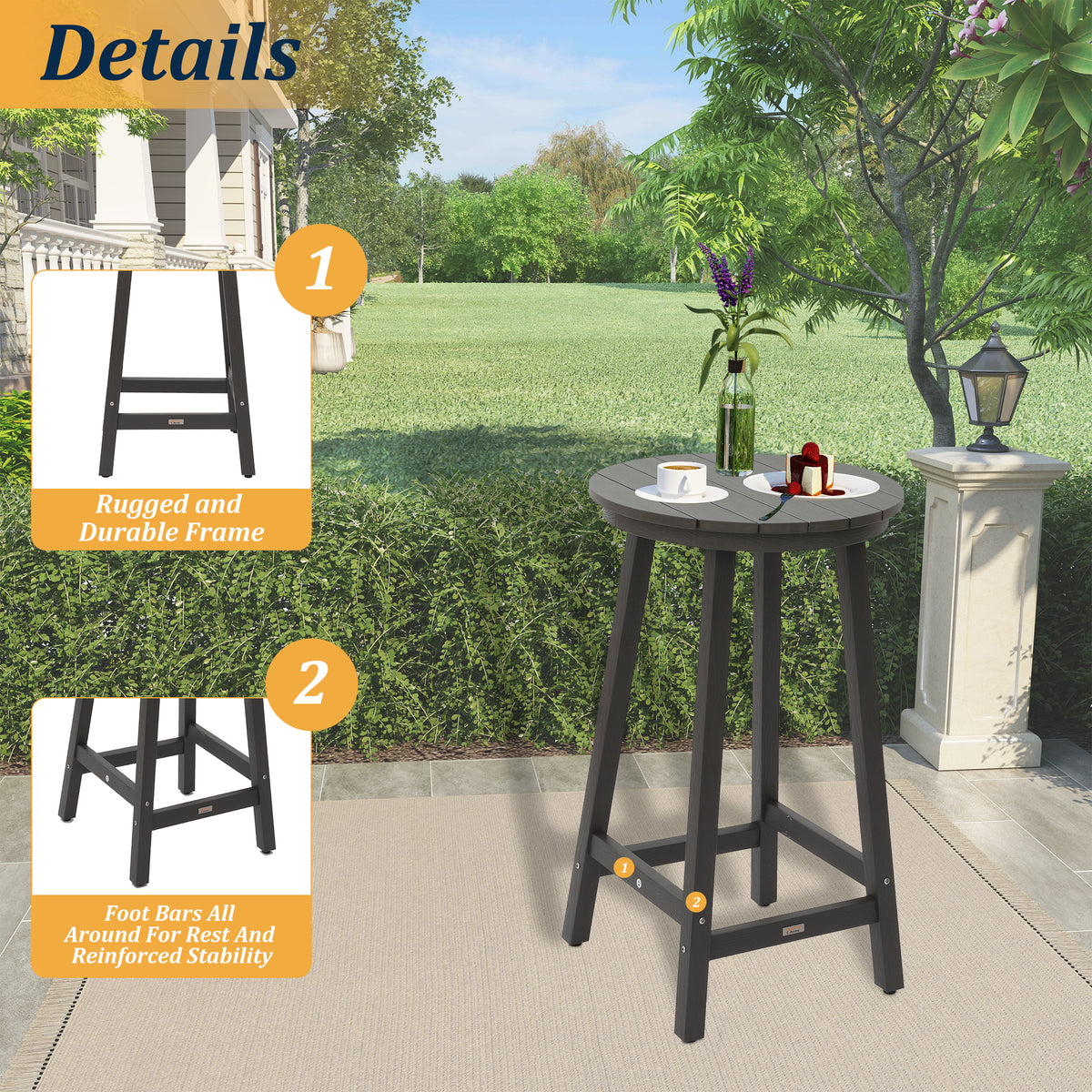 Durable Gray Polypropylene Outdoor Bar Table for Poolside and Garden