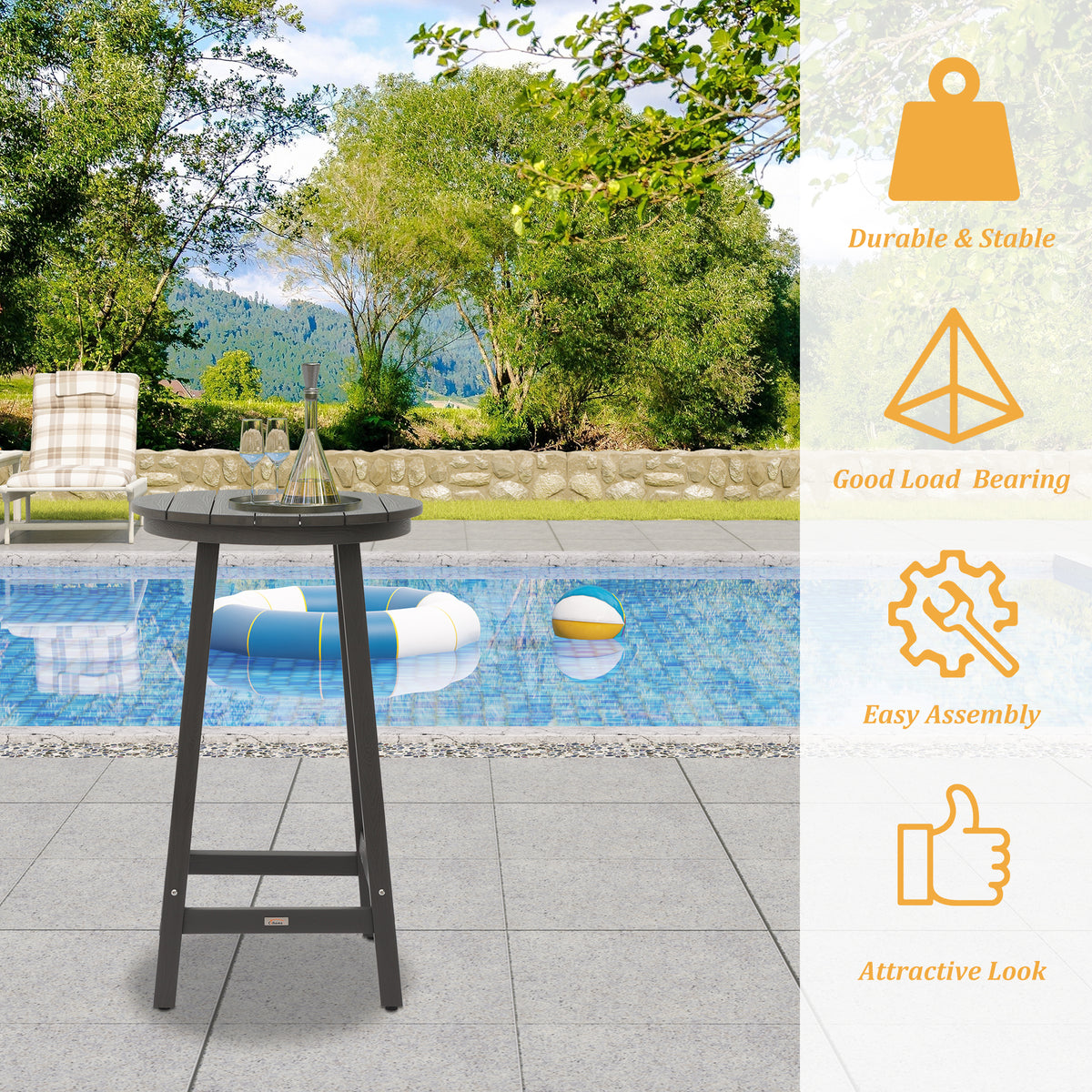 Durable Gray Polypropylene Outdoor Bar Table for Poolside and Garden
