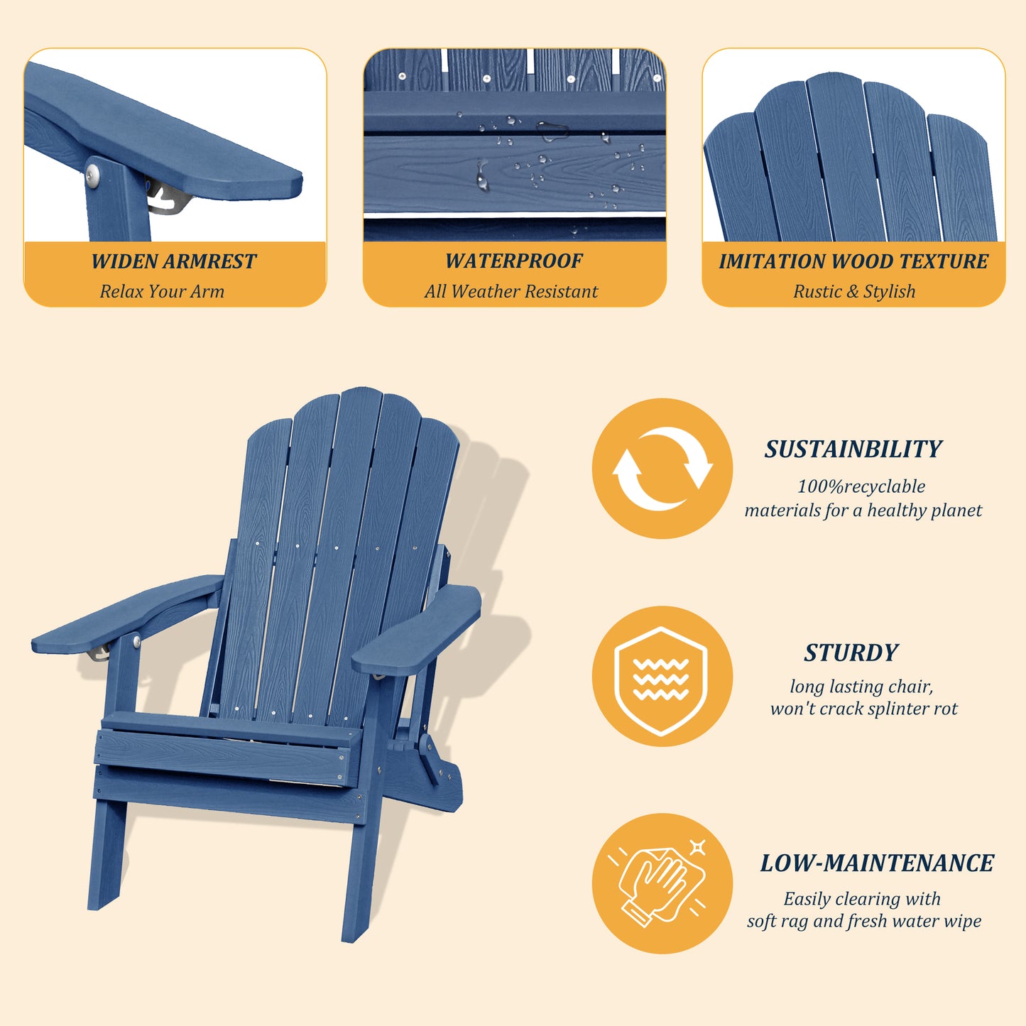 Navy Blue Polypropylene Outdoor Recliner with Cup Holder for Garden