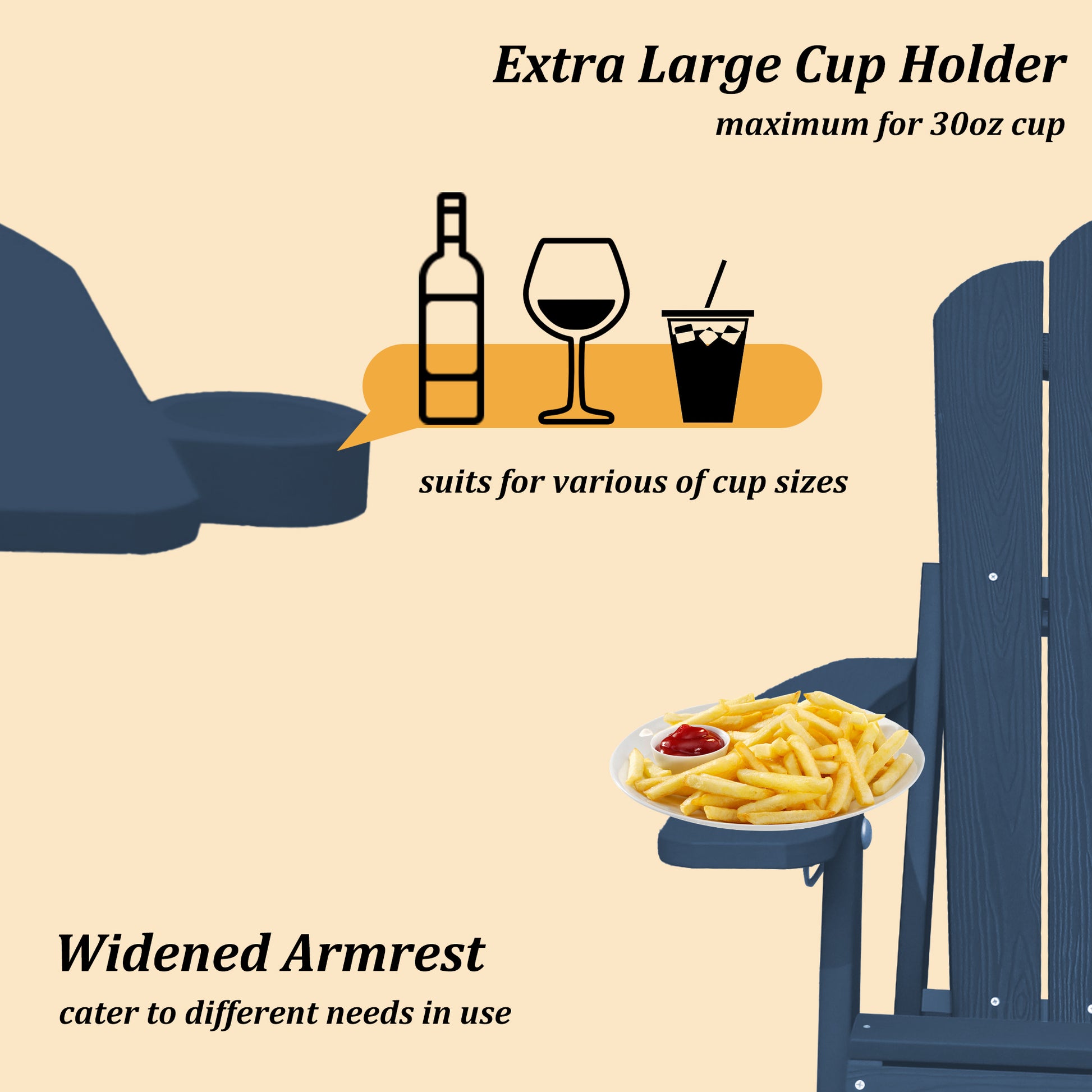 Navy Blue Polypropylene Outdoor Recliner with Cup Holder for Garden