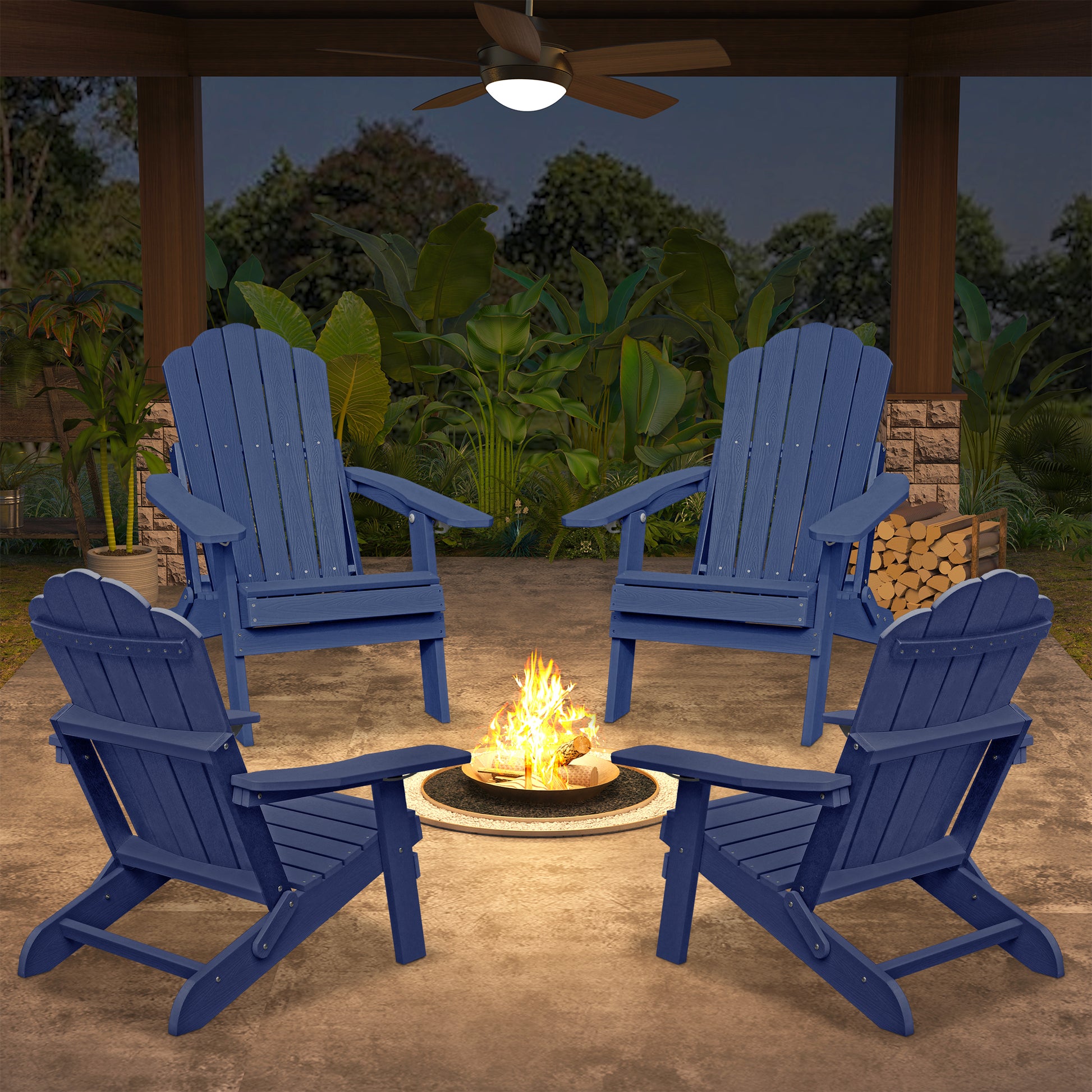 Navy Blue Polypropylene Outdoor Recliner with Cup Holder for Garden