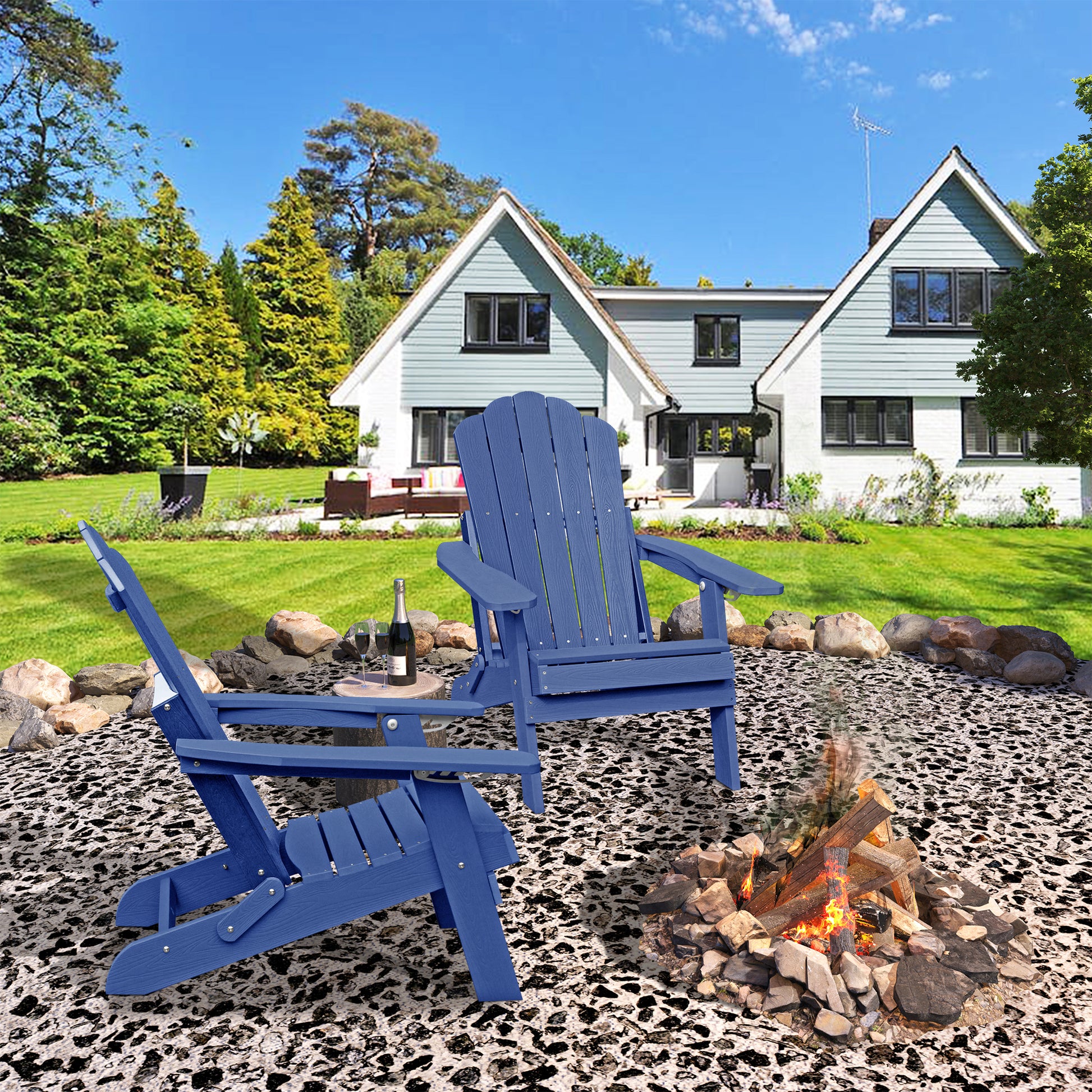Navy Blue Polypropylene Outdoor Recliner with Cup Holder for Garden