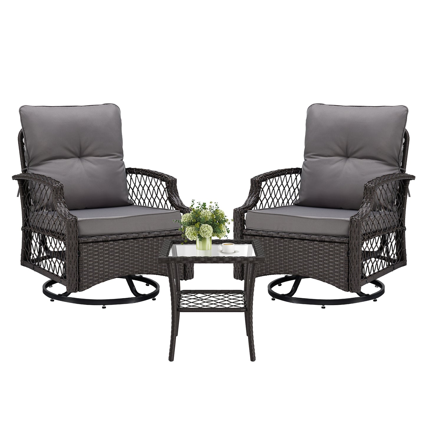 3-Piece Patio Furniture Set, Wicker Outdoor Bistro Set Swivel Glider Patio Chairs x 2 with Cushions, Side Table x 1, High Back All-Weather Rattan Outdoor Furniture for Porch, Backyard