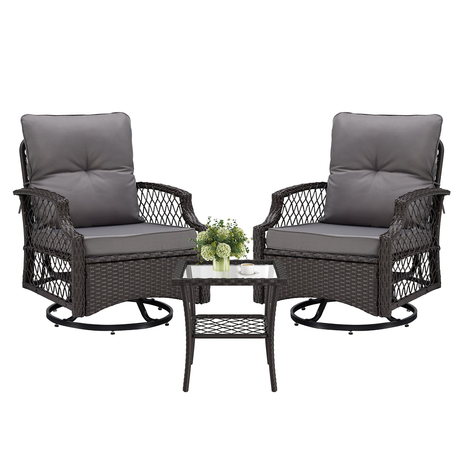 3-Piece Patio Furniture Set, Wicker Outdoor Bistro Set Swivel Glider Patio Chairs x 2 with Cushions, Side Table x 1, High Back All-Weather Rattan Outdoor Furniture for Porch, Backyard