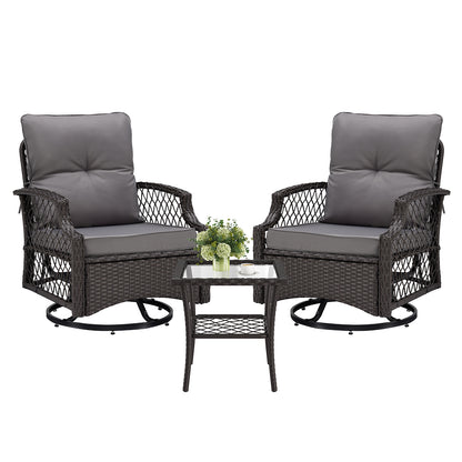 3-Piece Patio Furniture Set, Wicker Outdoor Bistro Set Swivel Glider Patio Chairs x 2 with Cushions, Side Table x 1, High Back All-Weather Rattan Outdoor Furniture for Porch, Backyard