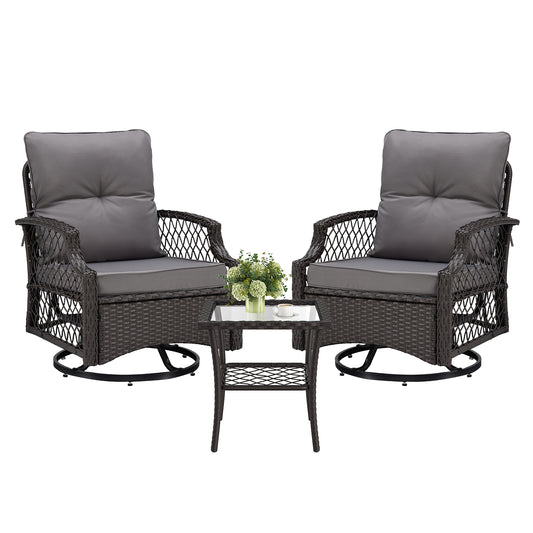 3-Piece Patio Furniture Set, Wicker Outdoor Bistro Set Swivel Glider Patio Chairs x 2 with Cushions, Side Table x 1, High Back All-Weather Rattan Outdoor Furniture for Porch, Backyard