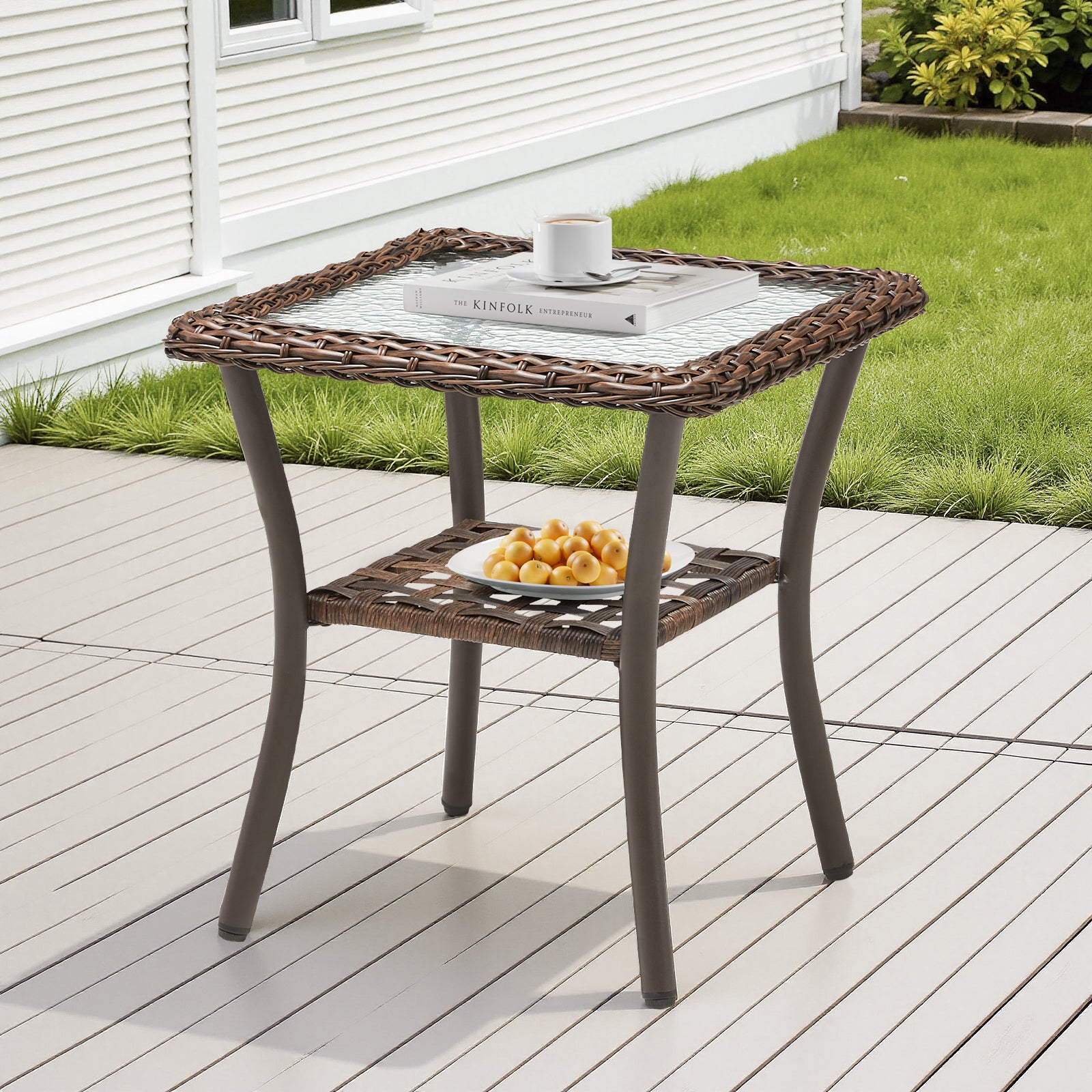 Outdoor Wicker Side Table,20x20x20 inch All Weather Rattan Small Patio Table Square End Table for Pool Balcony Deck Porch, Brown