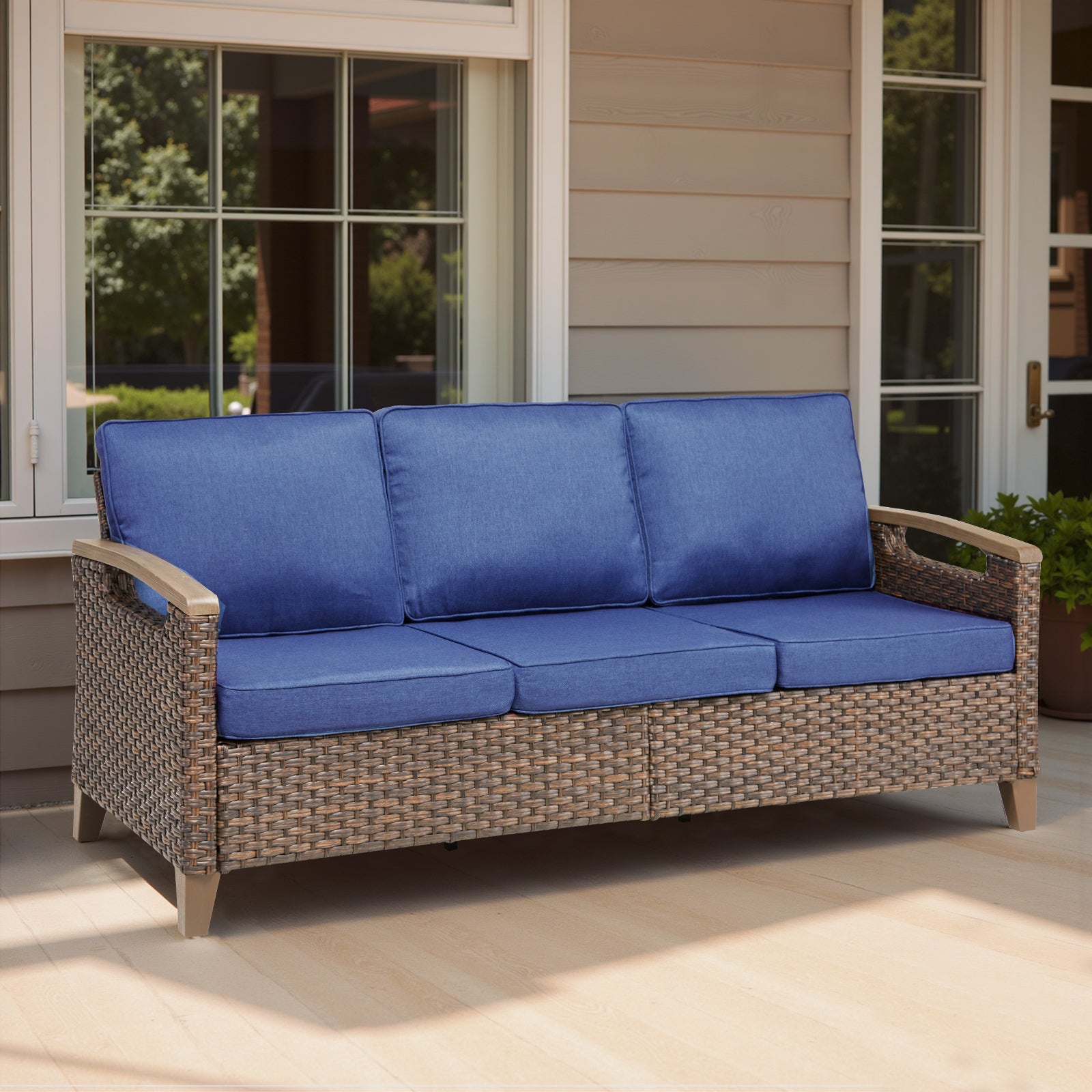 73.6" Wide Outdoor Wicker Patio Sofa, Deep Seating Outdoor Couch with Cushions for Porch Garden, Blue
