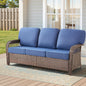 75.2" Outdoor Brown Wicker Patio Sofa with T Shape-Back Cushions and 5" Thick Foam, for Porch or Backyard, Blue