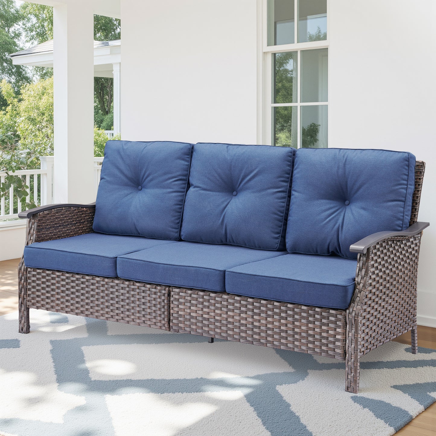 73.4" Wide Outdoor Wicker Sofa, Patio Outdoor Couch with Blue Cushions for Porch Garden