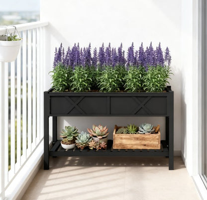 Elevated Wood Planter Box,Raised Garden Bed,with Storage Shelf,Drainage Holes,and Liner