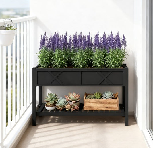 Elevated Wood Planter Box,Raised Garden Bed,with Storage Shelf,Drainage Holes,and Liner