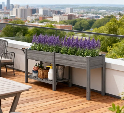 Spacious Elevated Garden Bed,Wood Raised Garden Box,with Side Table,Bottom Shelf,Bed Liners and Drainage Holes