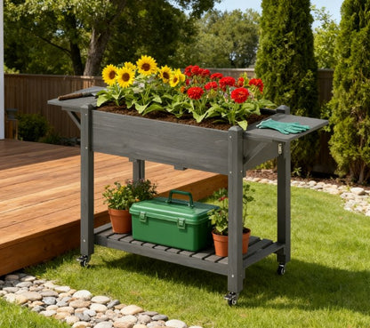 Elevated Garden Bed,Wood Raised Planter Box,with Lockable Wheels,Side Tables,Bottom Shelf,Drain Holes