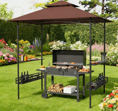 2-Tier Outdoor BBQ Gazebo,BBQ Grill Gazebo,with 2 Side Shelves,Storage Baskets,Ceiling Hook